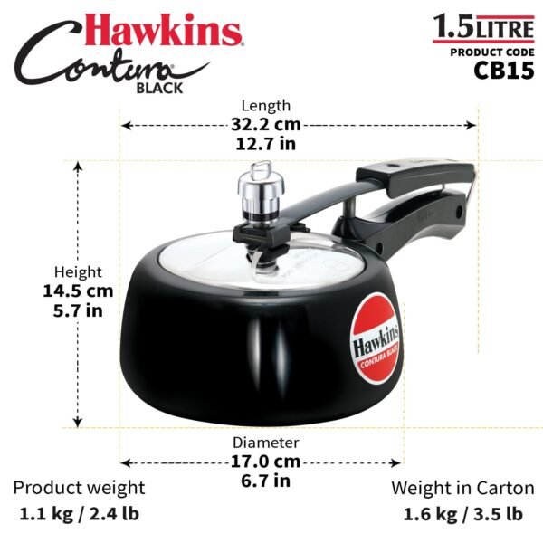 Hawkins 1.5 Litre Contura Black Pressure Cooker, Hard Anodised Inner Lid, Baby Cooker, Black(CB15) - Image 5
