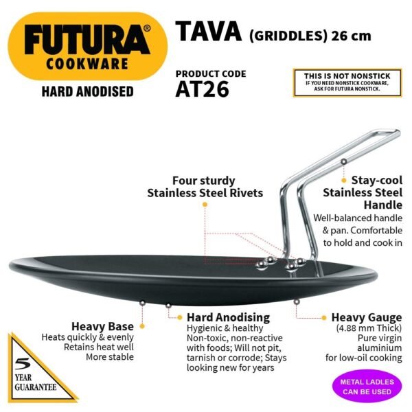 Hawkins Futura 26 cm Tawa, Hard Anodised Tava with Stainless Steel Handle, Black (AT26) - Image 4