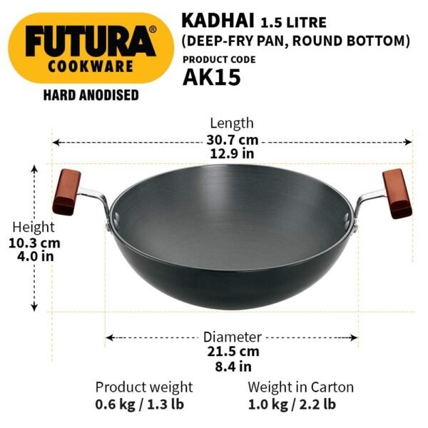 Hawkins Futura 1.5 Litre Deep Fry Pan, Hard Anodised, Round Bottom Small Kadai Without Lid, Black (AK15) - Image 3