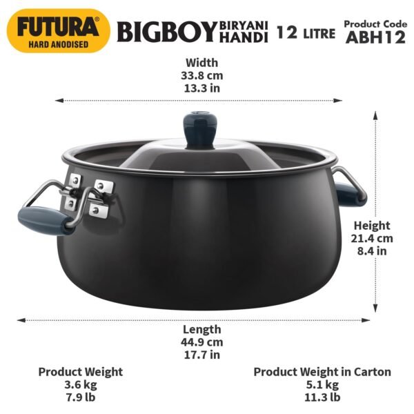 Hawkins Futura Bigboy Biryani Handi 12 Litre, Hard Anodised Pot with Hard Anodised Lid, Sauce Pan for Cooking and Serving Biriyani, Black (Abh12) - Image 7