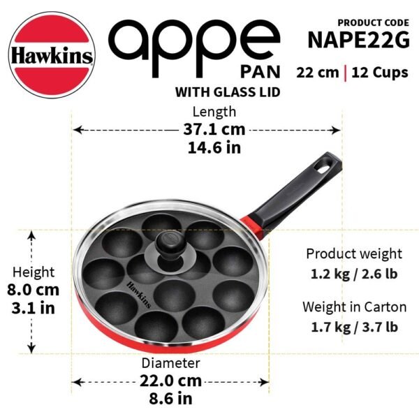 Hawkins Die Cast Nonstick Appe Pan with Glass Lid, 12 Cups, Diameter 20 cm, Black , Cast Aluminium, Red (NAPE20G) - Image 4