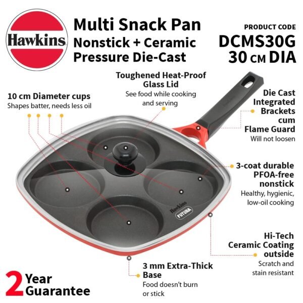 Hawkins 30 cm Die-Cast Non-Stick Multi Snack Pan with Glass Lid, Mini Uttapam Pan, Pancake Pan, Red (DCMS30G) - Image 3