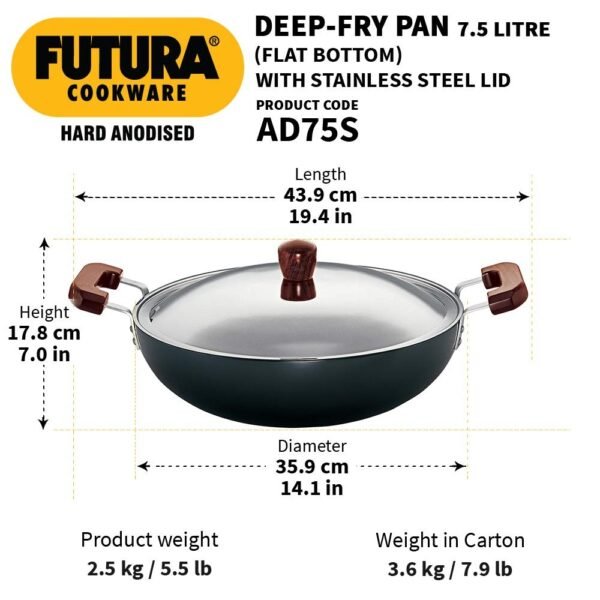 Hawkins Futura 7.5 Litre Deep Fry Pan, Hard Anodised Kadai with Stainless Steel Lid, Flat Bottom Big Kadai, Black (AD75S) - Image 4