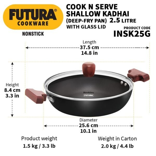Hawkins Futura 2.5 Litre Cook N Serve Nonstick Shallow Kadhai with Glass Lid, Induction Base Deep Fry Pan(INSK25G) - Image 4