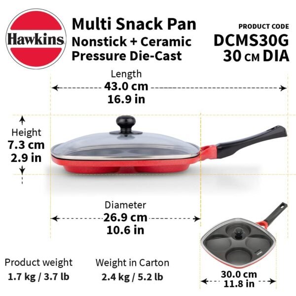 Hawkins 30 cm Die-Cast Non-Stick Multi Snack Pan with Glass Lid, Mini Uttapam Pan, Pancake Pan, Red (DCMS30G) - Image 4