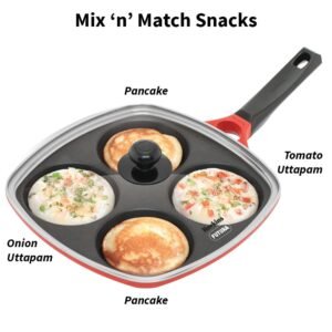 Hawkins 30 cm Die-Cast Non-Stick Multi Snack Pan with Glass Lid, Mini Uttapam Pan, Pancake Pan, Red (DCMS30G)