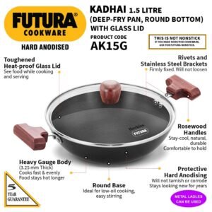 Hawkins Futura 1.5 Litre Deep Fry Pan, Hard Anodised, Round Bottom Small Kadai Without Lid, Black (AK15G)