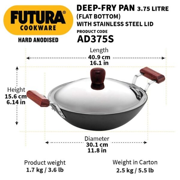 Hawkins Futura 3.75 Litre Deep Fry Pan, Hard Anodised Kadai with Stainless Steel Lid, Black (AD375S) - Image 5