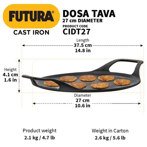 Hawkins Futura Pre-Seasoned Cast Iron Dosa Tawa 27cm - Image 5