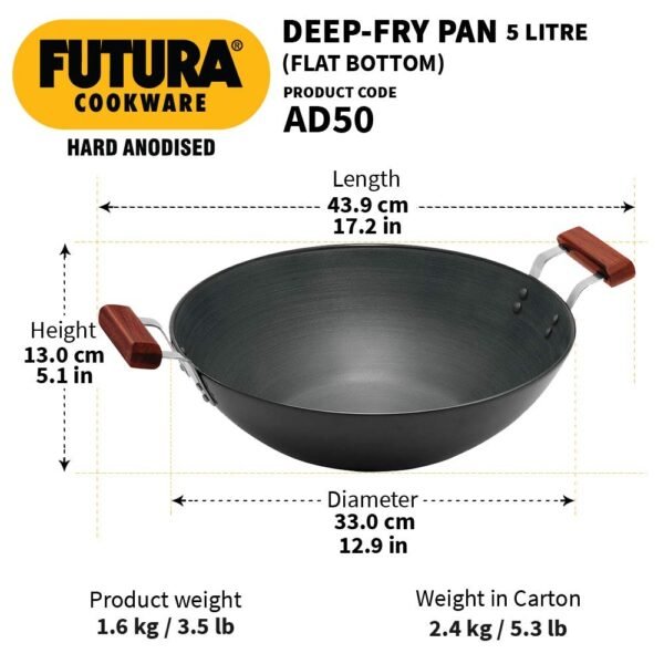 Hawkins Futura 5 Litre Deep Fry Pan, Hard Anodised Flat Bottom Kadai with Stainless Steel Lid, Black (AD50S) - Image 4