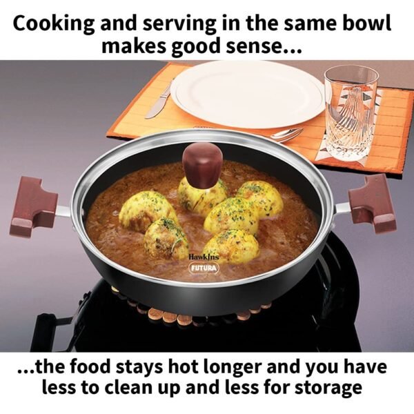 Hawkins Futura 2.5 Litre Cook N Serve Nonstick Shallow Kadhai with Glass Lid, Induction Base Deep Fry Pan(INSK25G) - Image 3