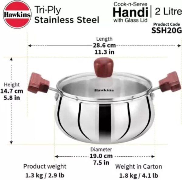 Hawkins Futura 2 Litre Cook n Serve Triply Stainless Steel Handi With Glass Lid, Induction Sauce Pan, Biryani Handi, Saucepan, Silver (SSH20G) - Image 2