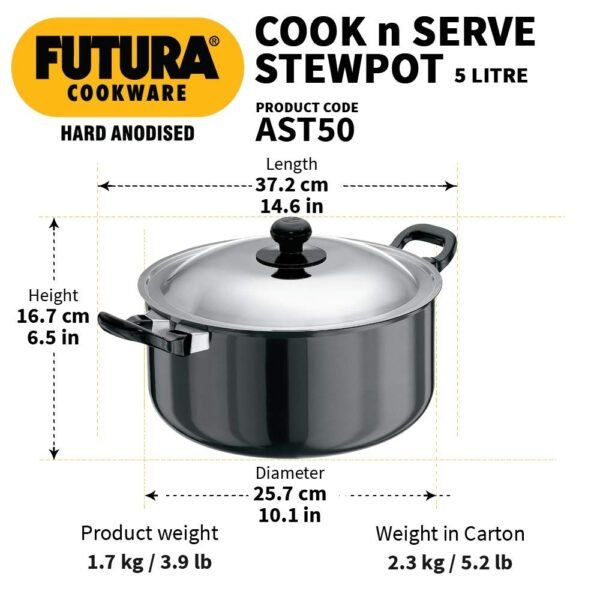 Hawkins Futura 5 Litre Cook n Serve Stewpot, Hard Anodised with Stainless Steel Lid, Casserole with Two Handles, Black (AST50) - Image 4