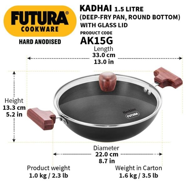 Hawkins Futura 1.5 Litre Deep Fry Pan, Hard Anodised, Round Bottom Small Kadai Without Lid, Black (AK15G) - Image 4