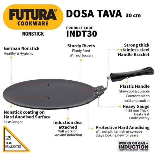 Hawkins Futura Nonstick Dosa Tawa, Diameter 30 cm, Thickness 4.88 mm, Black (NDT30) - Image 3