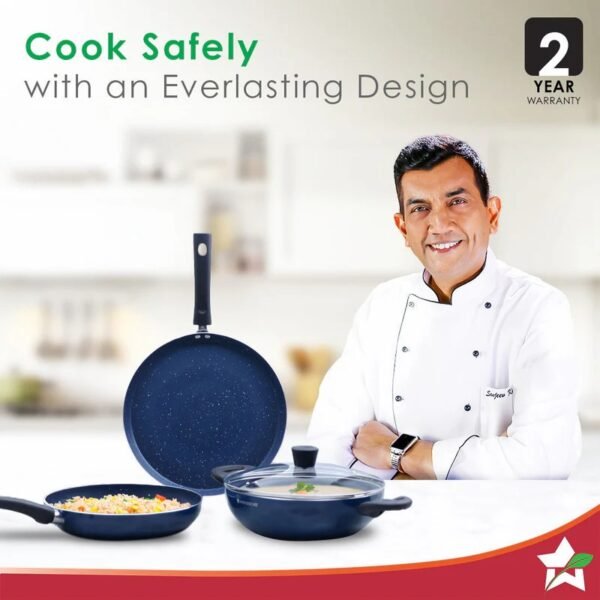 Galaxy Cookware 4 Piece Set | 24 cm Kadhai with Lid, 24 cm Fry Pan, 28 cm Dosa Tawa | Induction Friendly | Cool Touch Bakelite Handles | Pure Grade Aluminium| PFOA Free| 2 Years Warranty | Midnight Blue - Image 6