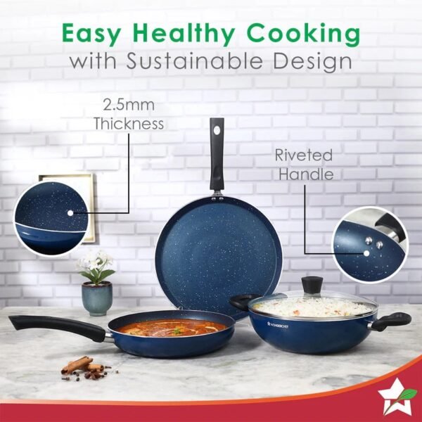 Galaxy Cookware 4 Piece Set | 24 cm Kadhai with Lid, 24 cm Fry Pan, 28 cm Dosa Tawa | Induction Friendly | Cool Touch Bakelite Handles | Pure Grade Aluminium| PFOA Free| 2 Years Warranty | Midnight Blue - Image 7