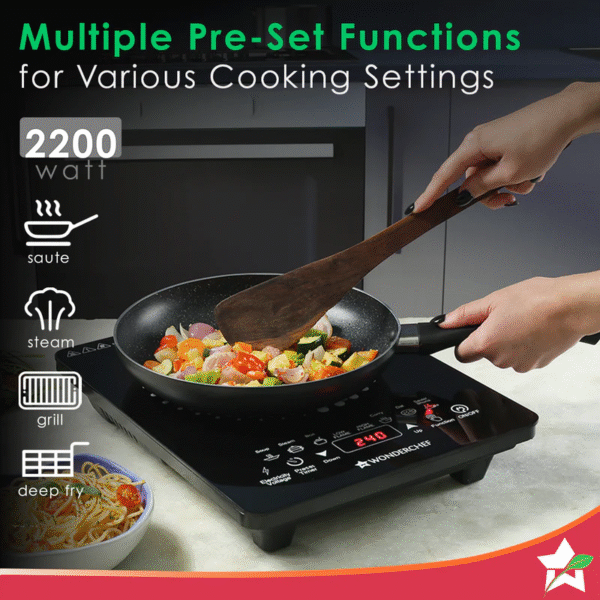 Swift Induction Cooktop with 8 Power Settings|2200 Watt Induction Cooktop| Pre-set Menus for Soups, Curries, Dals, Saute Masala|Crystal Glass Top Surface| LCD Digital Panel | Smart Touch Buttons|Compact & Portable Induction Cooktop| 1 Year Warranty - Image 2