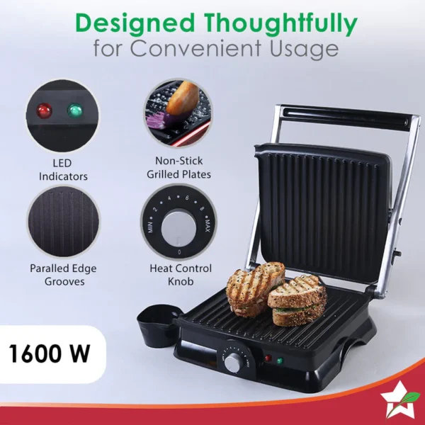Wonderchef Sanjeev Kapoor Tandoor Family Size | Electric Contact Grill & Sandwich Maker | 3-in-1 Appliance | 1600 Watt | 180 Degree Grilling | Cool Touch Handle | Auto Shut Off | Black & Silver - Image 5