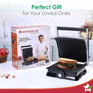 Wonderchef Sanjeev Kapoor Tandoor Family Size | Electric Contact Grill & Sandwich Maker | 3-in-1 Appliance | 1600 Watt | 180 Degree Grilling | Cool Touch Handle | Auto Shut Off | Black & Silver