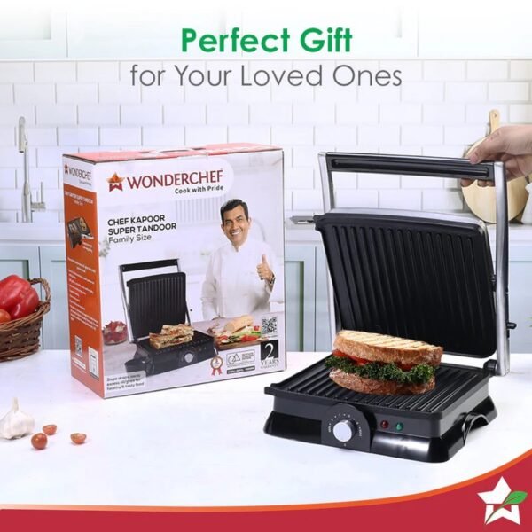 Wonderchef Sanjeev Kapoor Tandoor Family Size | Electric Contact Grill & Sandwich Maker | 3-in-1 Appliance | 1600 Watt | 180 Degree Grilling | Cool Touch Handle | Auto Shut Off | Black & Silver
