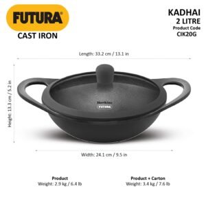 Hawkins Futura 2 Litre Cast Iron Kadhai with Glass Lid, Naturally Nonstick, Black (CIK20G)