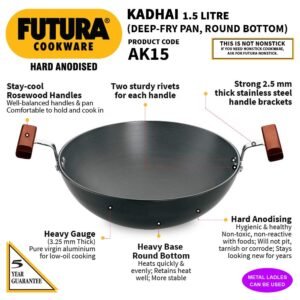 Hawkins Futura 1.5 Litre Deep Fry Pan, Hard Anodised, Round Bottom Small Kadai Without Lid, Black (AK15)