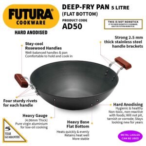 Hawkins Futura 5 Litre Deep Fry Pan, Hard Anodised Flat Bottom Kadai with Stainless Steel Lid, Black (AD50S)