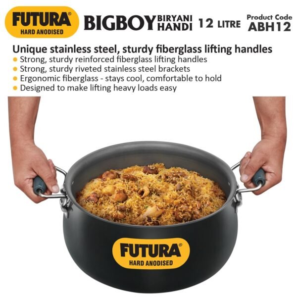 Hawkins Futura Bigboy Biryani Handi 12 Litre, Hard Anodised Pot with Hard Anodised Lid, Sauce Pan for Cooking and Serving Biriyani, Black (Abh12) - Image 9