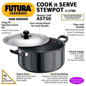 Hawkins Futura 5 Litre Cook n Serve Stewpot, Hard Anodised with Stainless Steel Lid, Casserole with Two Handles, Black (AST50)