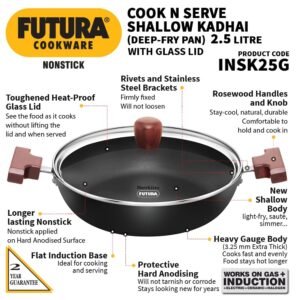 Hawkins Futura 2.5 Litre Cook N Serve Nonstick Shallow Kadhai with Glass Lid, Induction Base Deep Fry Pan(INSK25G)