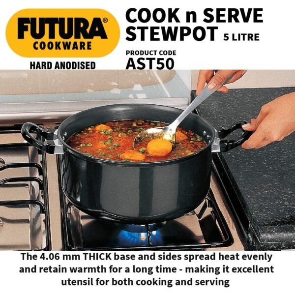 Hawkins Futura 5 Litre Cook n Serve Stewpot, Hard Anodised with Stainless Steel Lid, Casserole with Two Handles, Black (AST50) - Image 3