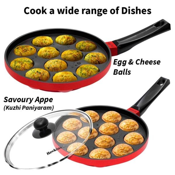Hawkins Die Cast Nonstick Appe Pan with Glass Lid, 12 Cups, Diameter 20 cm, Black , Cast Aluminium, Red (NAPE20G) - Image 3