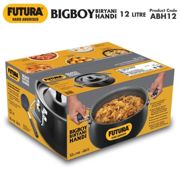 Hawkins Futura Bigboy Biryani Handi 12 Litre, Hard Anodised Pot with Hard Anodised Lid, Sauce Pan for Cooking and Serving Biriyani, Black (Abh12) - Image 8