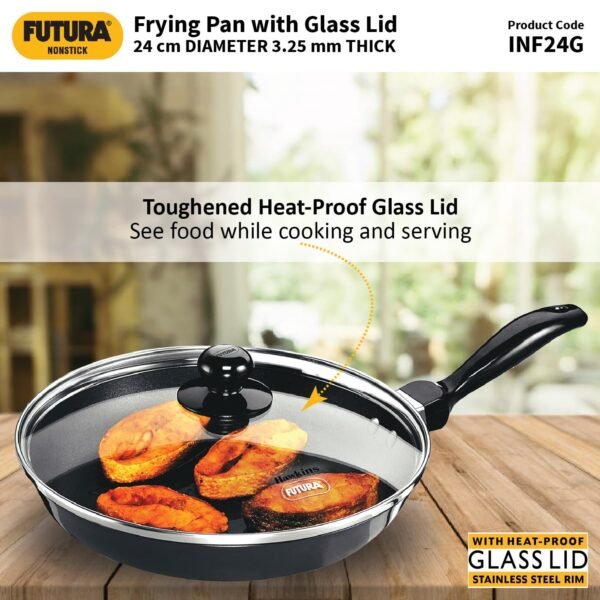 Hawkins Futura 24 cm Frying Pan, Non Stick Fry Pan with Glass Lid, Frypan, Black (NF24G)