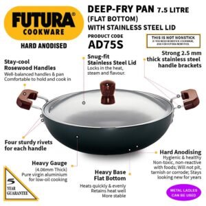 Hawkins Futura 7.5 Litre Deep Fry Pan, Hard Anodised Kadai with Stainless Steel Lid, Flat Bottom Big Kadai, Black (AD75S)