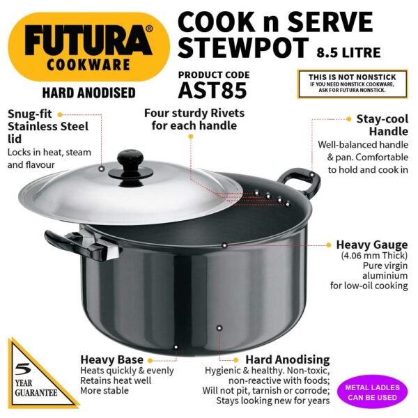 Hawkins Futura Hard Anodised Cook-n-Serve Stewpot with SS Lid, Capacity 8.5 Litre, Diameter 28 cm, Thickness 4.06 mm, Black (AST85)