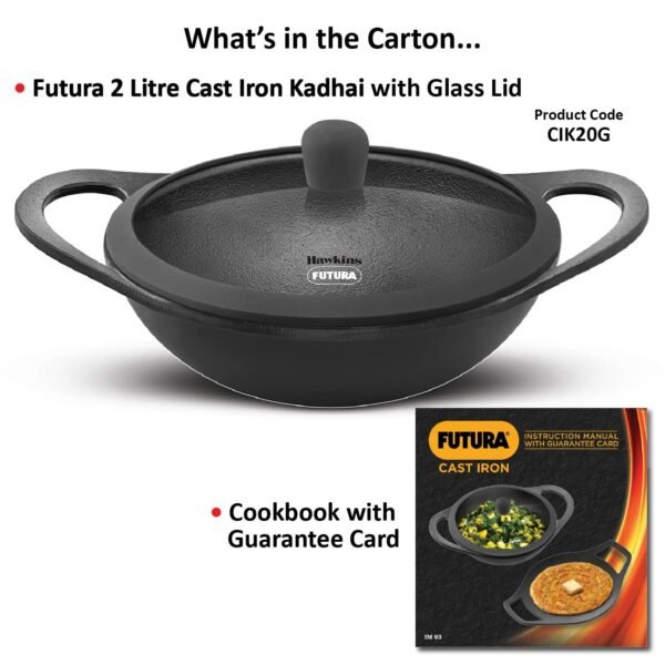 Hawkins Futura 2 Litre Cast Iron Kadhai with Glass Lid, Naturally Nonstick, Black (CIK20G) - Image 7