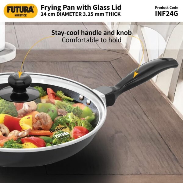 Hawkins Futura 24 cm Frying Pan, Non Stick Fry Pan with Glass Lid, Frypan, Black (NF24G) - Image 2