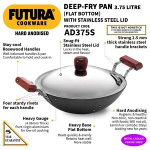 Hawkins Futura 3.75 Litre Deep Fry Pan, Hard Anodised Kadai with Stainless Steel Lid, Black (AD375S)