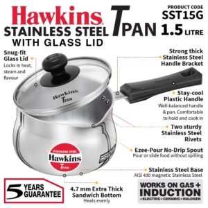 Hawkins Futura Tpan 1.5 Litre , Stainless Steel Tea Pan With Glass Lid, Induction Base Sauce Pan, Chai Pan, Saucepan, Silver (SST15G)