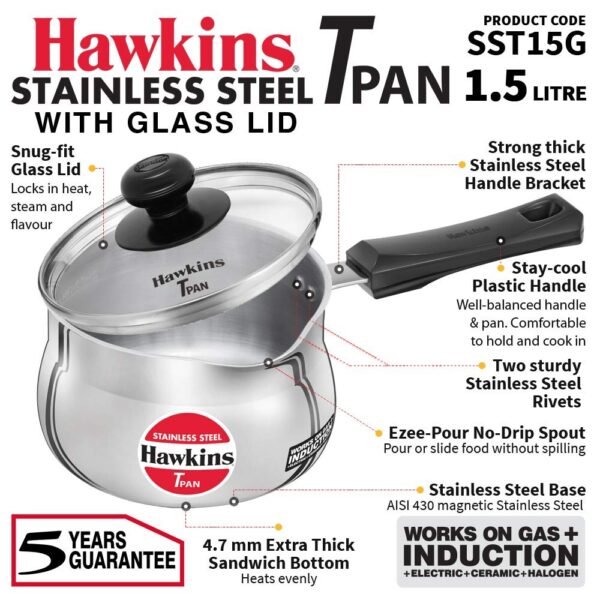 Hawkins Futura Tpan 1.5 Litre , Stainless Steel Tea Pan With Glass Lid, Induction Base Sauce Pan, Chai Pan, Saucepan, Silver (SST15G)