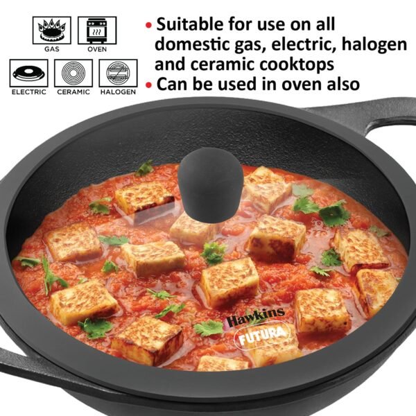 Hawkins Futura 2 Litre Cast Iron Kadhai with Glass Lid, Naturally Nonstick, Black (CIK20G) - Image 2