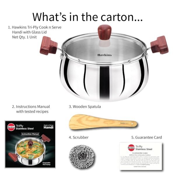 Hawkins Futura 2 Litre Cook n Serve Triply Stainless Steel Handi With Glass Lid, Induction Sauce Pan, Biryani Handi, Saucepan, Silver (SSH20G) - Image 4