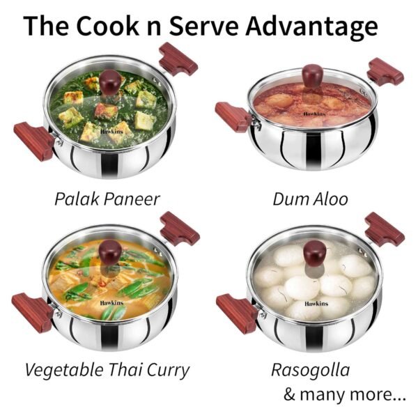 Hawkins Futura 2 Litre Cook n Serve Triply Stainless Steel Handi With Glass Lid, Induction Sauce Pan, Biryani Handi, Saucepan, Silver (SSH20G) - Image 5