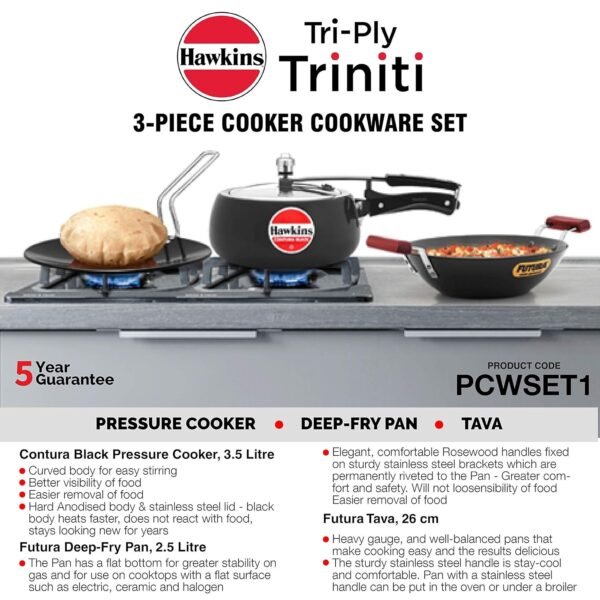 Hawkins Futura Triniti Kitchen Set , Hard Anodised (Tava 26cm, Deep-Fry Pan 2.5L, Inner Lid Pressure 3.5L Cooker), Black (PCWSET1) - Image 2