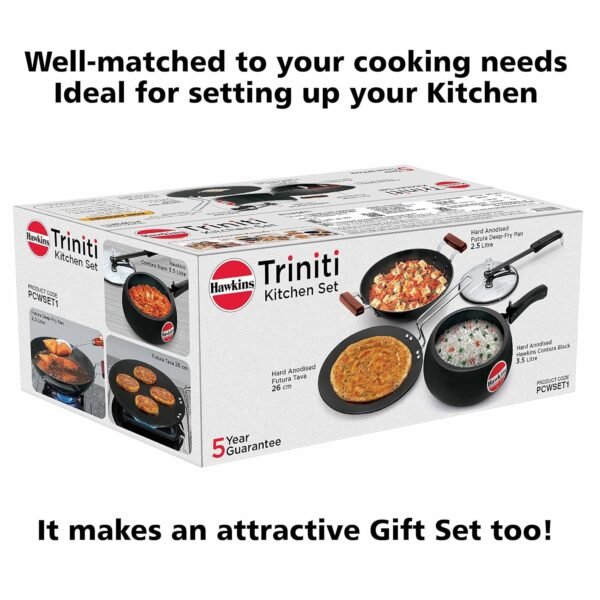 Hawkins Futura Triniti Kitchen Set , Hard Anodised (Tava 26cm, Deep-Fry Pan 2.5L, Inner Lid Pressure 3.5L Cooker), Black (PCWSET1) - Image 3