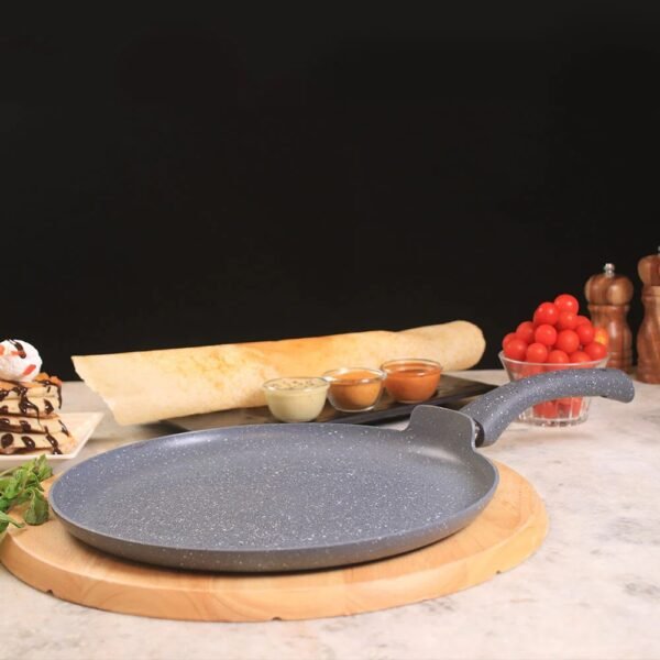 Granite 28cm Non-Stick Dosa Tawa | Induction Bottom | Soft-Touch Handles | Virgin Aluminium | PFOA/Heavy Metals Free | 3.5mm | 2 Year Warranty | Grey