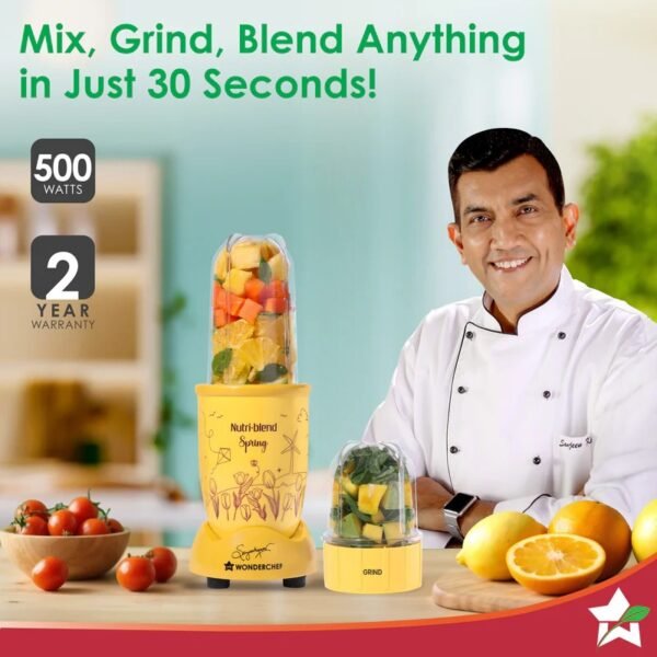 Nutri-blend Spring Mixer Grinder Blender & Smoothie Maker | 500W | 22000 RPM | 100% Copper Motor | 2 Unbreakable Jars | SS Blades | 2 Year Warranty | Recipe book by Chef Sanjeev Kapoor | Yellow - Image 4