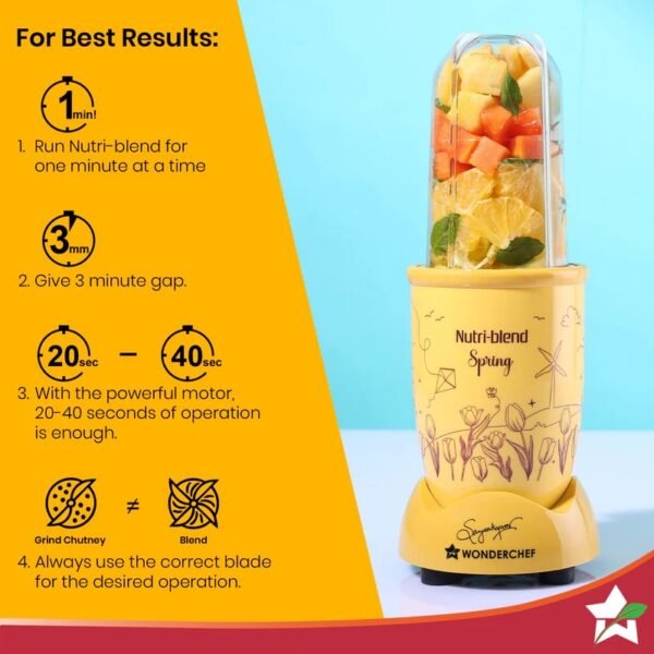 Nutri-blend Spring Mixer Grinder Blender & Smoothie Maker | 500W | 22000 RPM | 100% Copper Motor | 2 Unbreakable Jars | SS Blades | 2 Year Warranty | Recipe book by Chef Sanjeev Kapoor | Yellow - Image 3